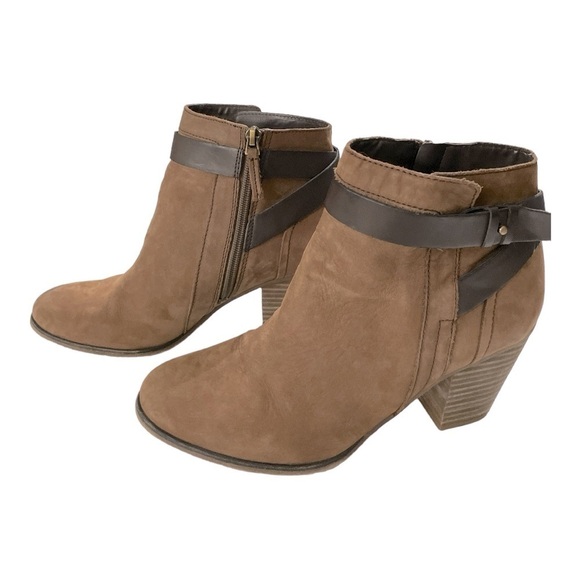 Franco Sarto Dotty Brown Leather Zip Chunky Heel Ankle Booties w/ Straps size 9M - Picture 1 of 10